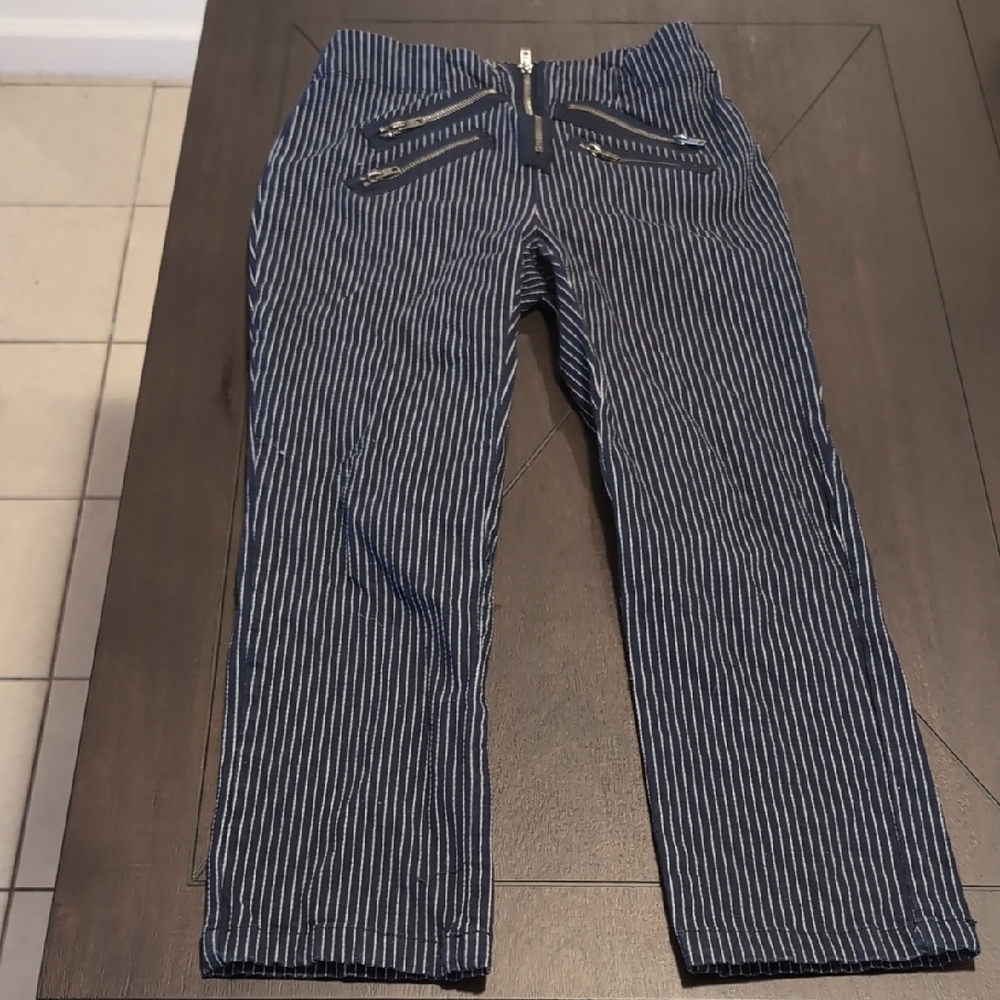 Striped Navy Pants with Zipper Details